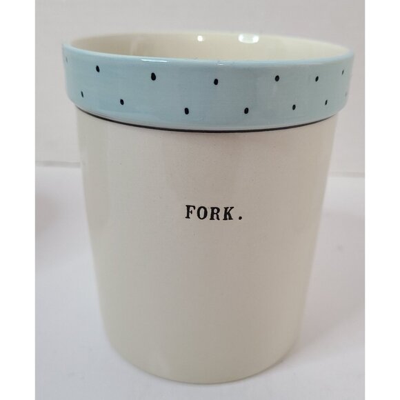 Rae Dunn 4pc Polka Dot Fork Knife Spoon Utensil Jars & Platter Blue Green Yellow - Picture 9 of 15